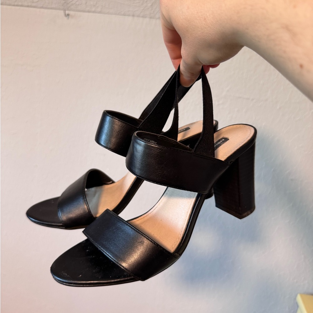 French Connection Black Double-Strap Block Heel Slides